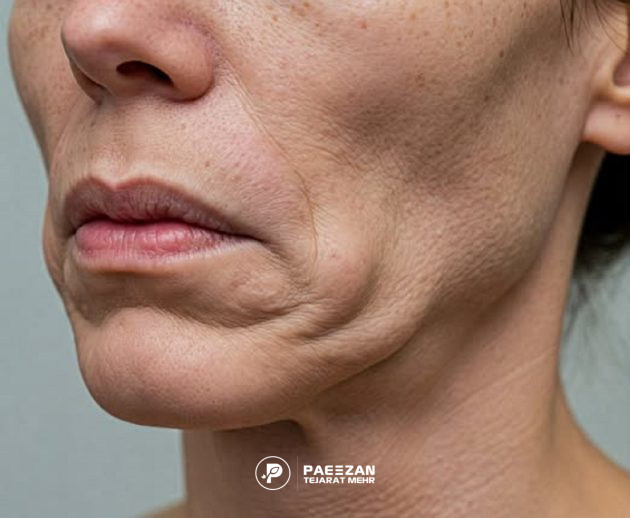 پیشگیری از عوارض آمپول مانجارو با تزریق پروفایلو 1 نیمه پایین صورت زنی که دچار افتادگی در ناحیه خط فک و چروک خط لبخند است