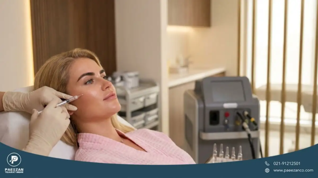 دختری که در کلینیک زیبایی نشسته است و پزشک به صورت او مزوژل تزریق می کند