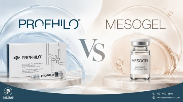 عکسی که در یک طرف آن کلمه Profhilo و در طرف دیگر کلمه Mesogel نوشته شده و عکس محصول پروفایلو و مزوژل هم گذاشته شده