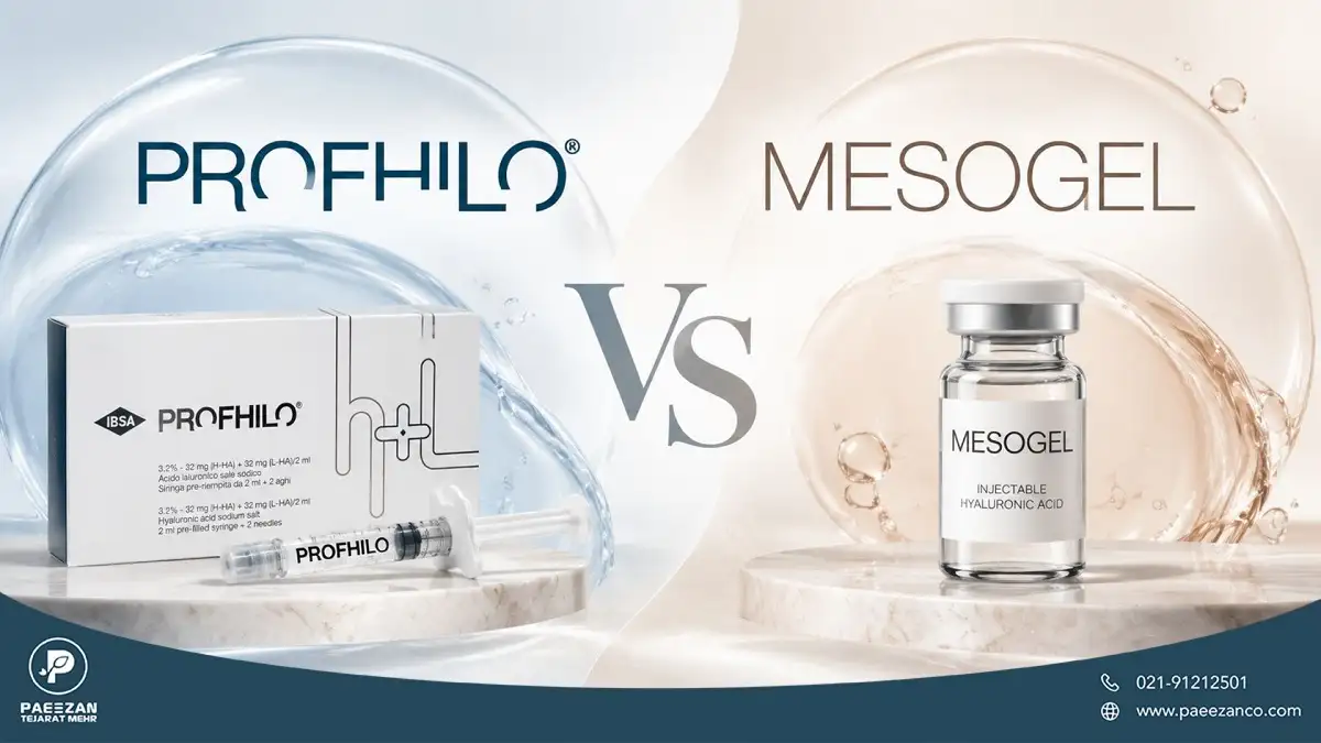 عکسی که در یک طرف آن کلمه Profhilo و در طرف دیگر کلمه Mesogel نوشته شده و عکس محصول پروفایلو و مزوژل هم گذاشته شده